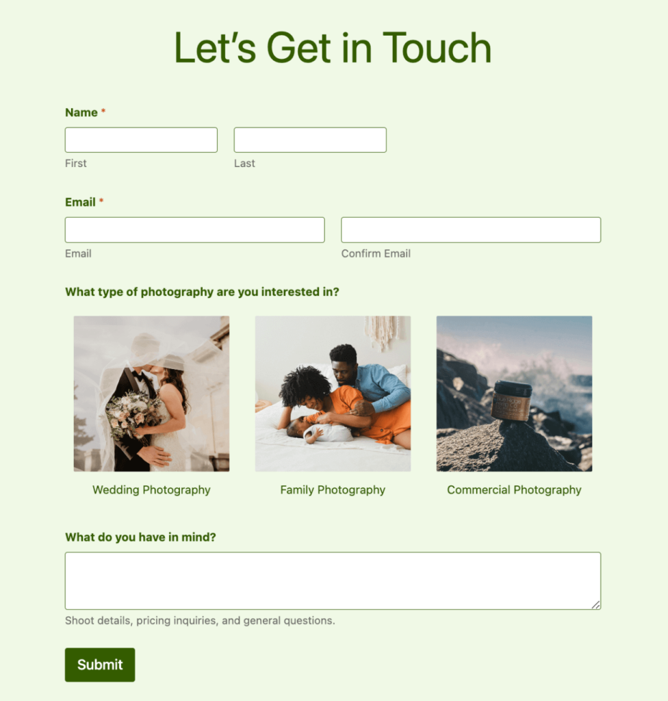 Photography website contact form example