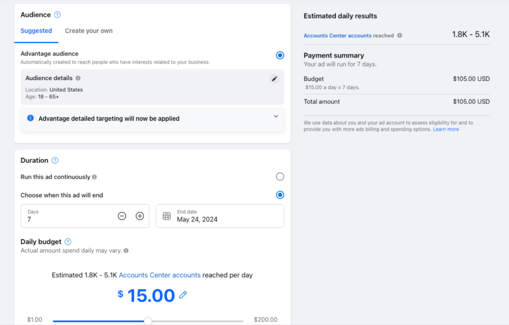 New Facebook ad - audience and duration settings