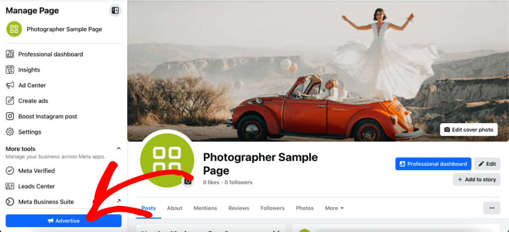 Facebook ads for photographers - Advertise button