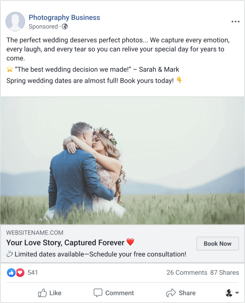 Example Facebook Ad for wedding photographers