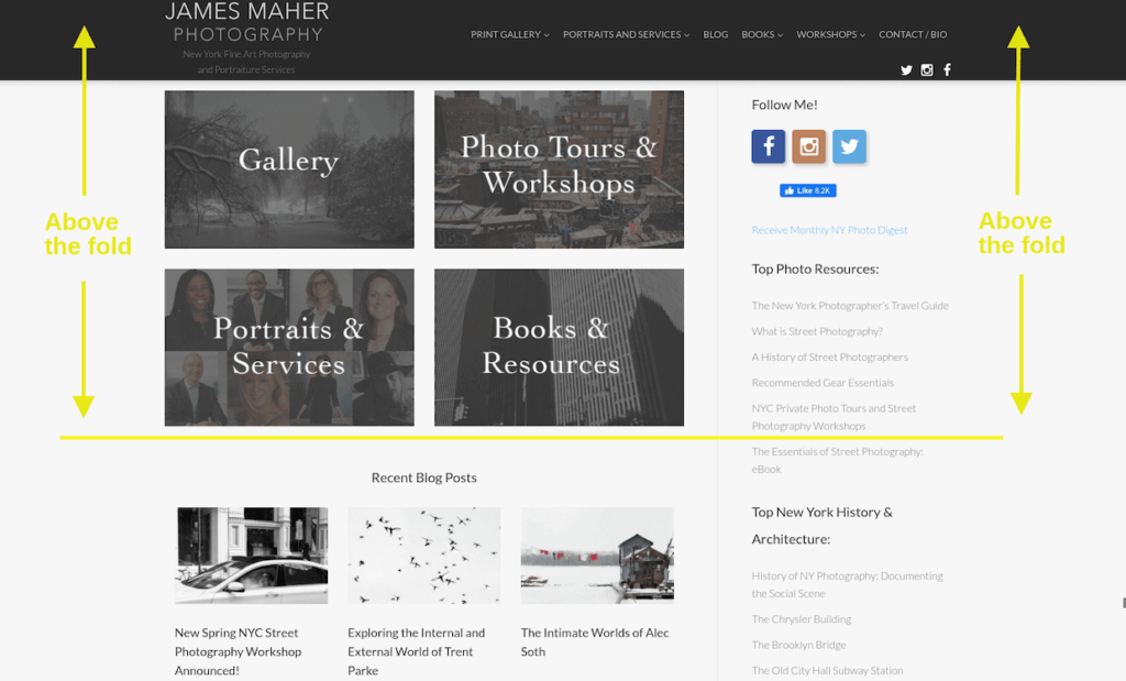 Content above the fold - photography website design